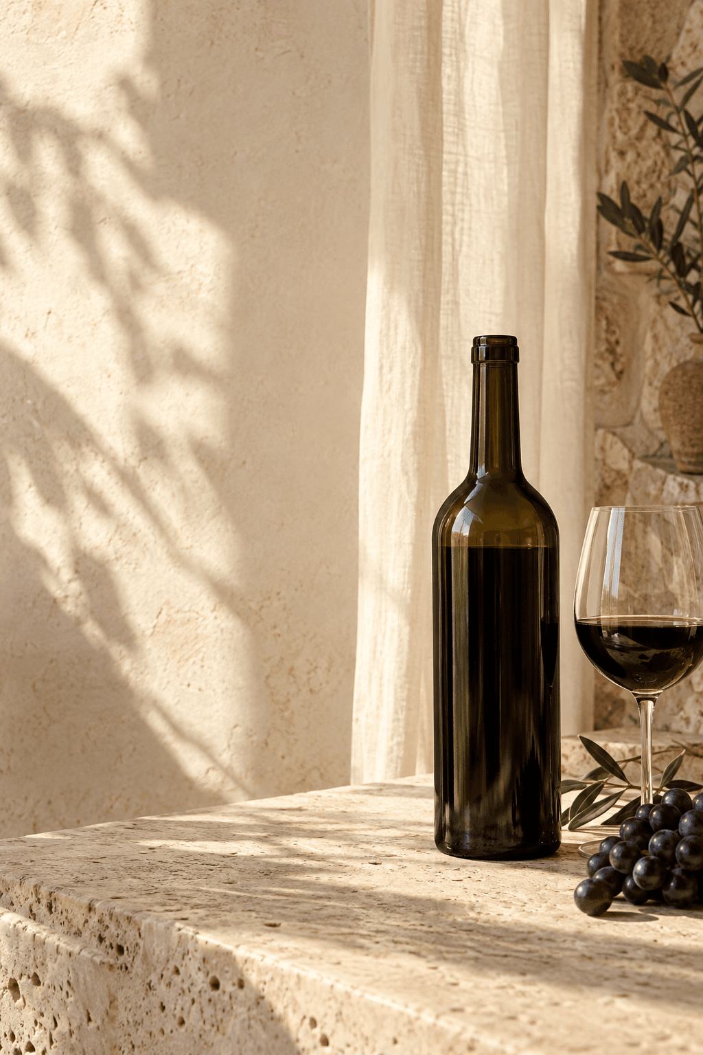 Botella de vino sin etiqueta junto a una copa, en una mesa de piedra